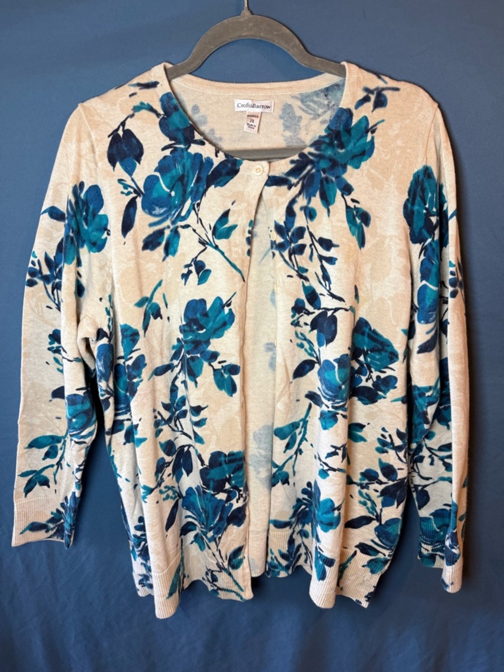 croft & barrow Cream Cardigan with Teal and Navy Floral Print